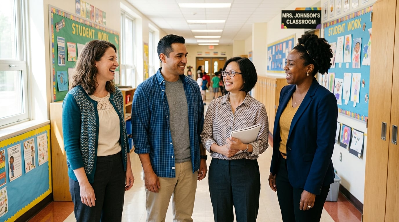 Four diverse school educators, three women and one man, smiling together in a school hallway